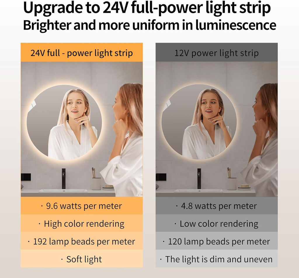 Round LED Bathroom Mirror with Gold Frame, 24V Backlight, 3 Color Temperatures, Dimmable, Memory Function, Defogging (Black Border, 36" L x 36" W)