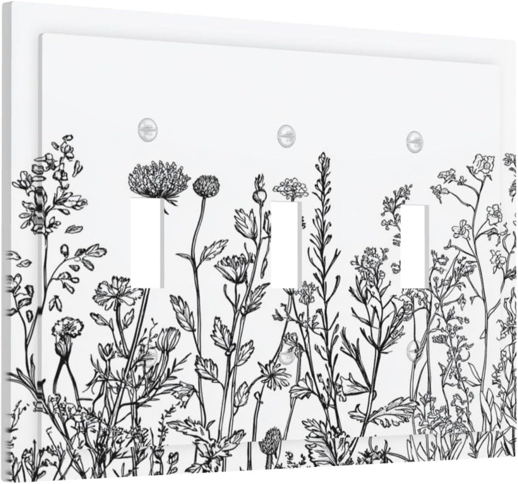 Decorative Switch Plates Floral Wildflower Rustic Plant Leaves 3 Gang Wall Plate Triple Toggle Light Switch Cover Faceplate Electrical Wall Panels For Farmhouse Cabin Decor