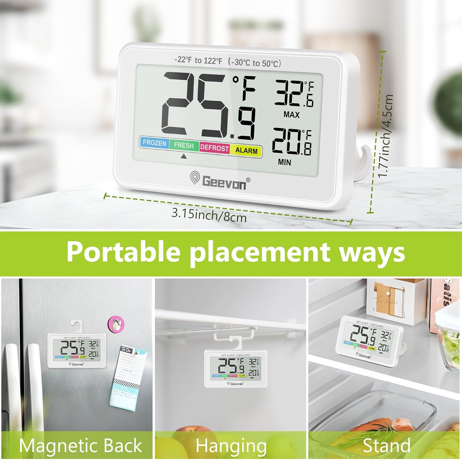 Geevon Digital Refrigerator Thermometer 4 Pack, IP65 Waterproof Fridge and Freeze Thermometer with Magnetic Back Large LCD，Max/Min Record Function for Home,Commercial