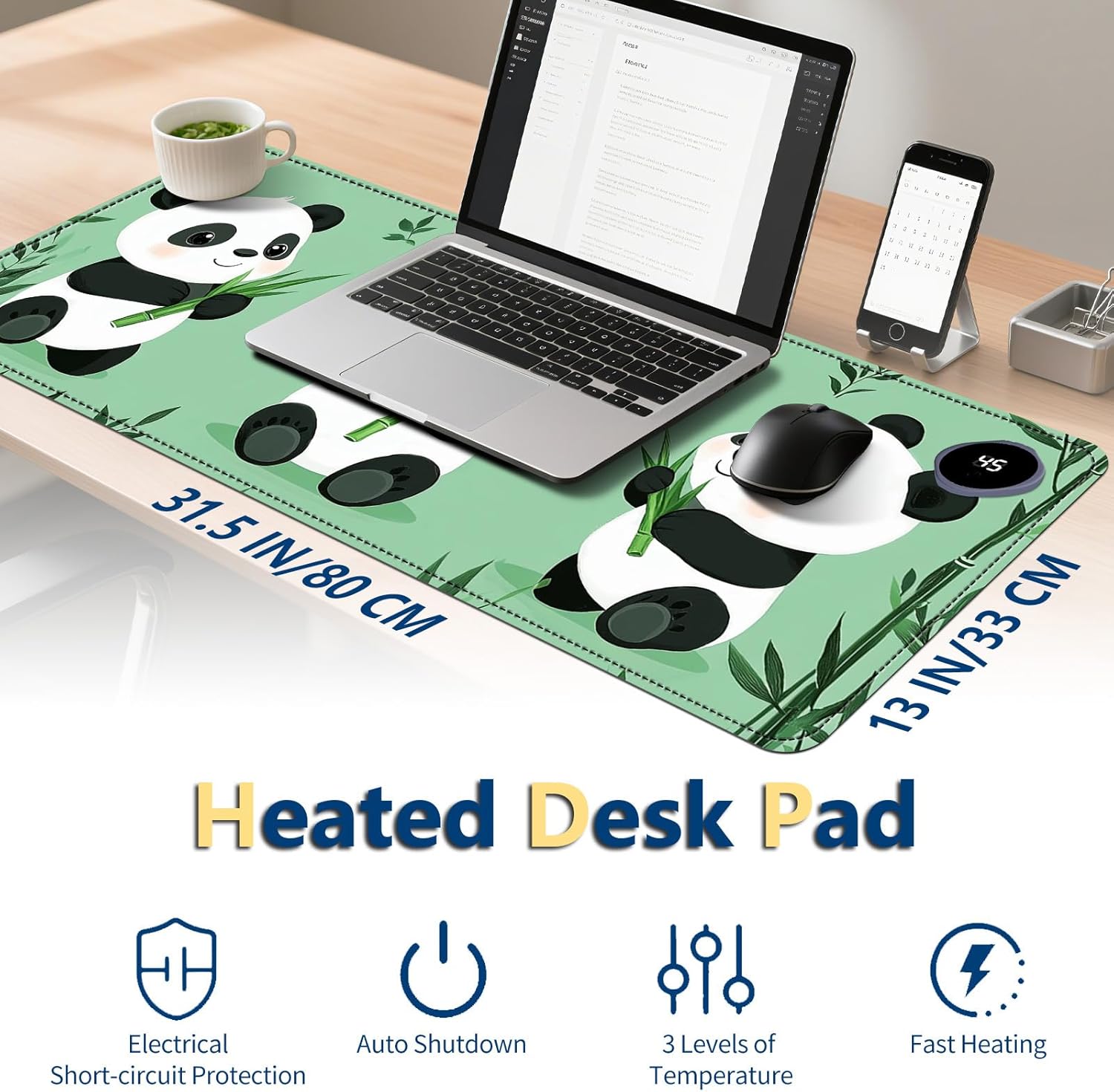 Heated Mouse Pad with 3 Temperature Settings(104°F–122°F),Large 31.5x13 Inch PU Leather Heated Desk Mat,Waterproof Warming Pad for Office,Gaming & Cold Hands Relief,Cute Three Pandas