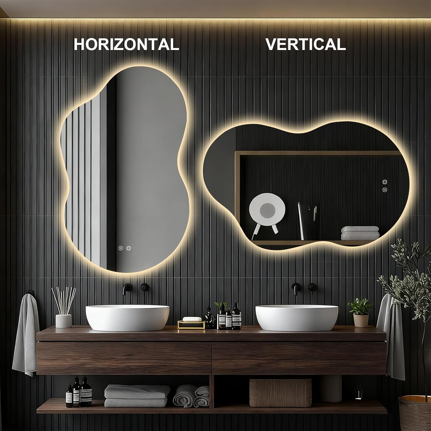 Asymmetrical Lighted Mirror for Bathroom,Modern LED Vanity Mirror with Backlit,Fog-Free,Tri-Color Dimmable Lighting with Memory Function,Hardwire Ready [Horizontal/Vertical] 48" H x 30" W
