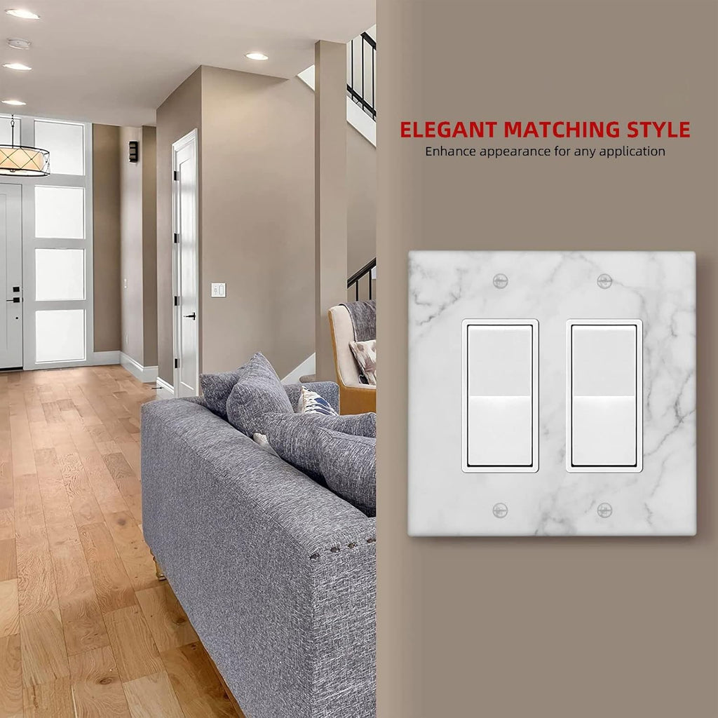 White Marble Pattern Wall Plate Decorative Double Rocker Outlet Light Switch Cover 2-Gang Decorator Art Print Faceplate for Bedroom Kitchen Kids Room Decor 4.6" X 4.5"