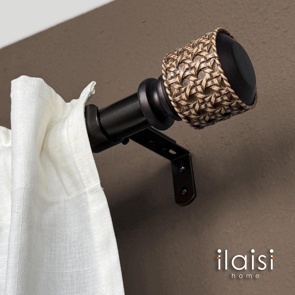 1-1/8 Inch Diameter Dark Bronze Curtain Rods with Faux Rattan Cane Woven Finials, 36-72'' Telescoping Single Curtain Rods for window width 24-68 inch, 1 pack