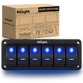 Nilight-90111F 6 Gang Aluminum Rocker Switch Panel Toggle Dash 5 Pin ON/Off Pre-Wired Rocker Switch Blue Backlit Switch for Automotive Car Marine Boat RV,2 Years Warranty