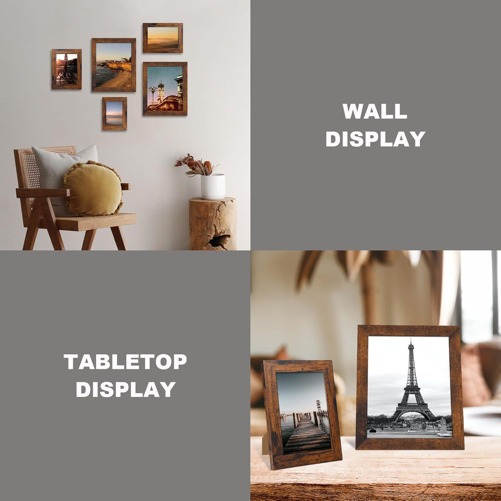 iRahmen 4x6 Picture Frame Set of 4, High Definition Glass 4 x 6 Frame, Wood Rustic Photo Frames for Horizontal or Vertical Display Tabletop and Wall Mounting