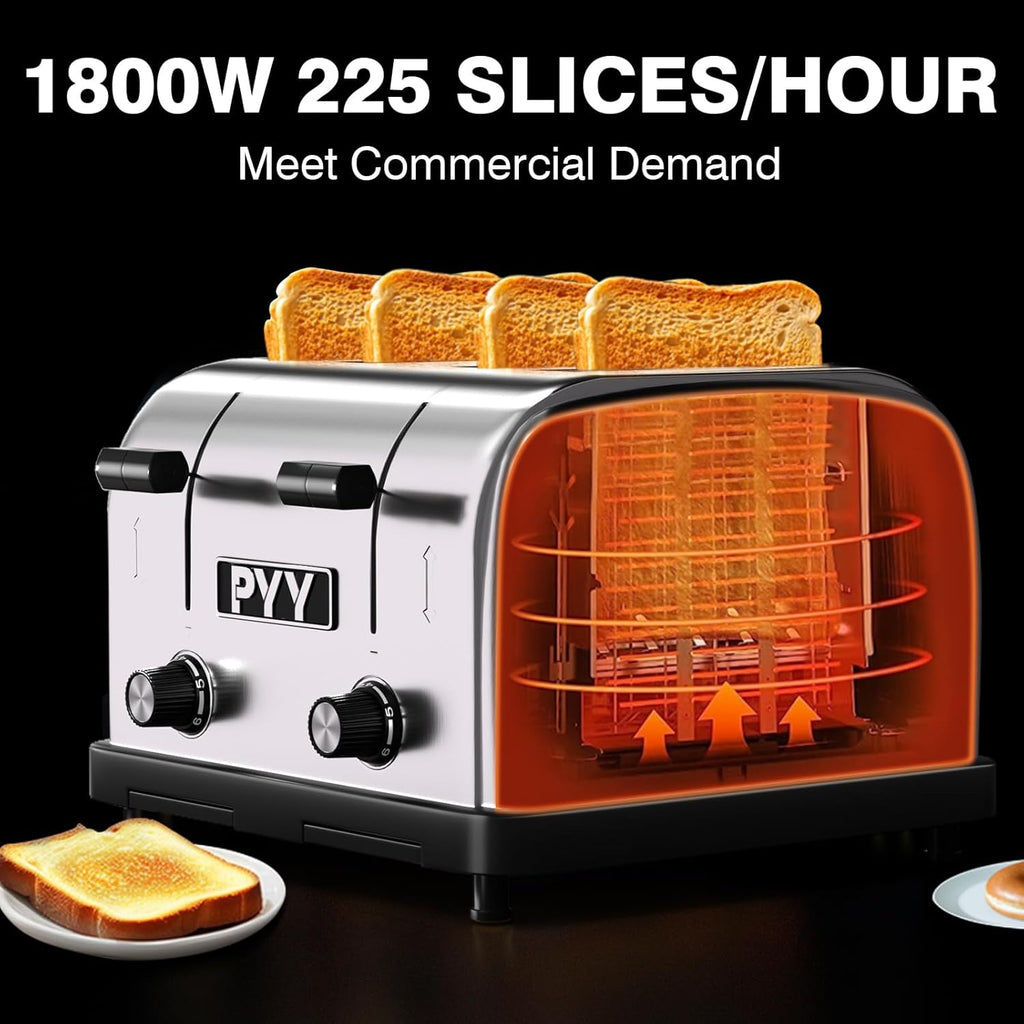 PYY Commercial Toaster 4 Slice for Restaurant - Wide Slots 1.57 inch Stainless Steel 6-Level Setting, with Removable Crumb Tray, 225 Slices/Hour 1800W - Bread, Bagels, Breakfast, Toast