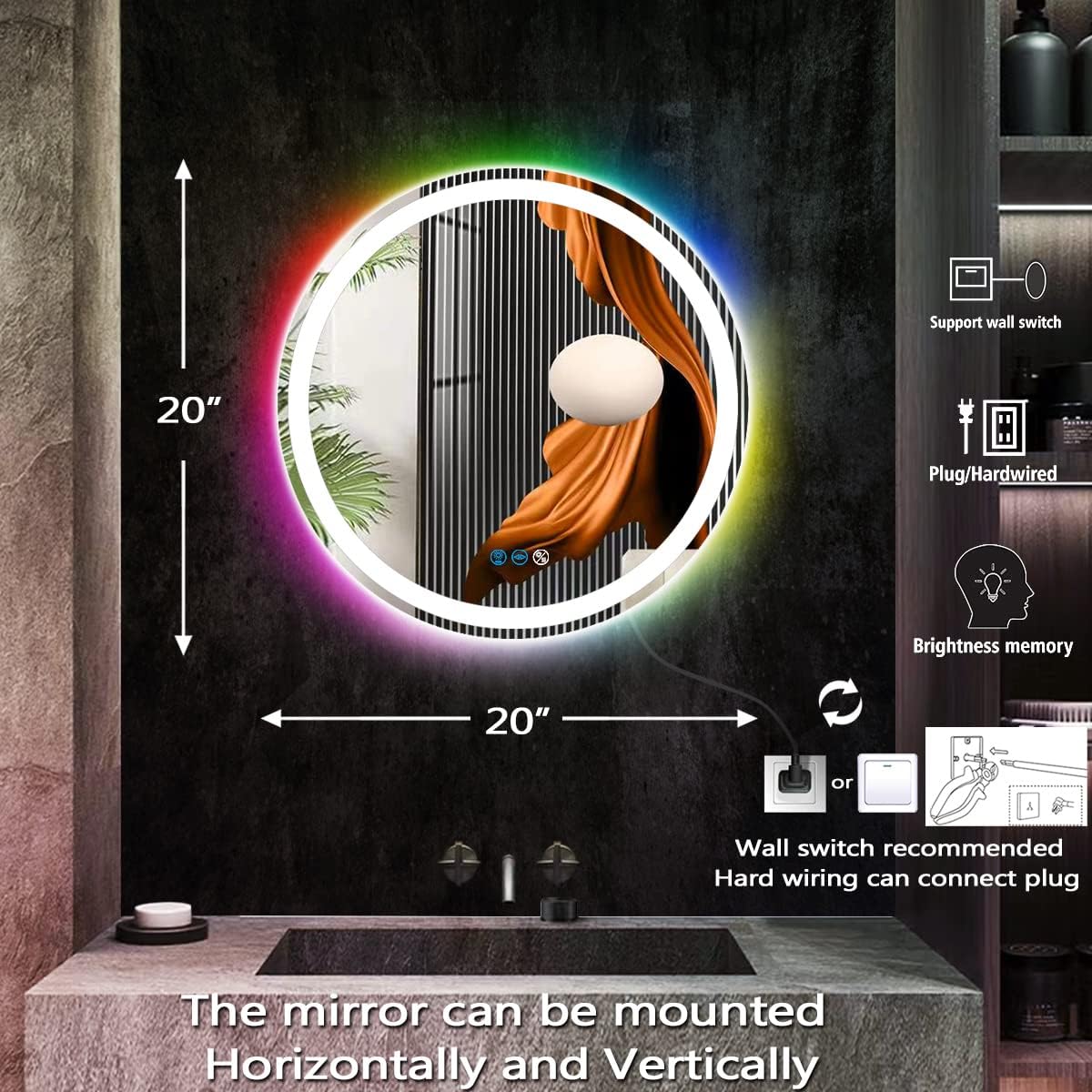 THEKLA 20 Inch Bathroom Round Led Mirror with Lights 3Color + RGB Colorful Changing Backlit Circle Round Lighted Vanity Mirror with Lights for Bathroom Wall Dimmable Anti Fog Round Circle Smart Mirror