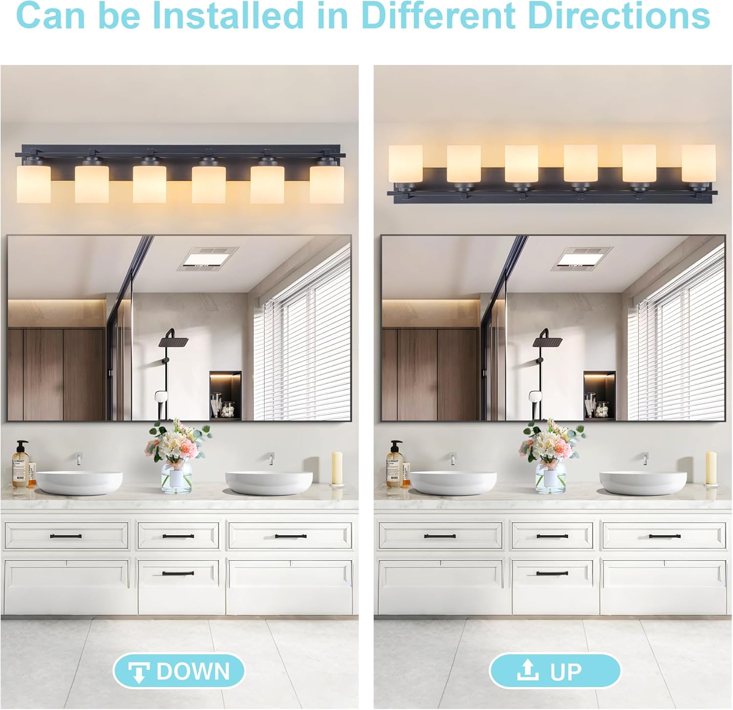 6 Light Modern Bathroom Light Fixtures Over Mirror, Black Vanity Lights for Bathroom Wall Sconces with Milky White Glass Shades, E26 Socket (Bulbs Not Included)