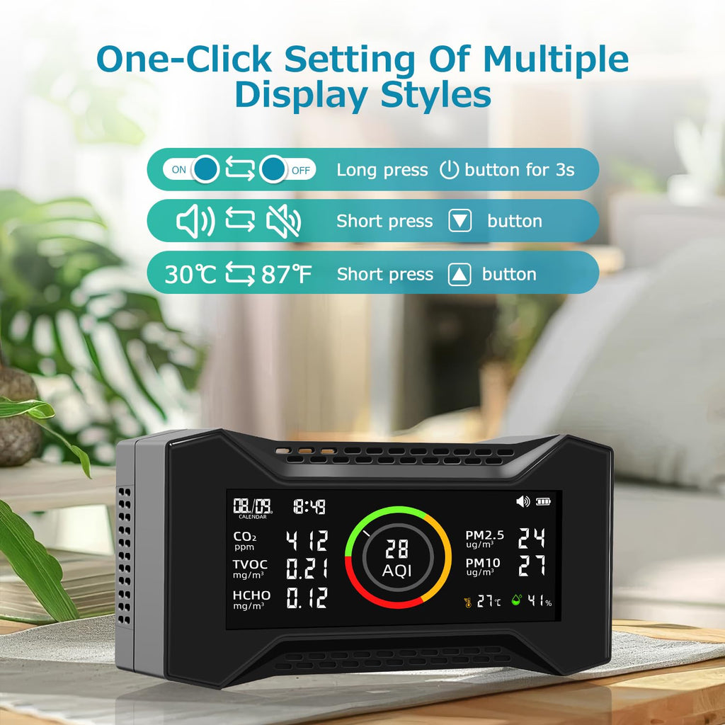 Air Quality Monitor Indoor, Simbow CF-20 8-in-1 CO2 Monitor Air Quality Tester for (PM2.5, PM10, CO2, VOC, Formaldehyde, Humidity, Temp) Air Quality Meter for Home