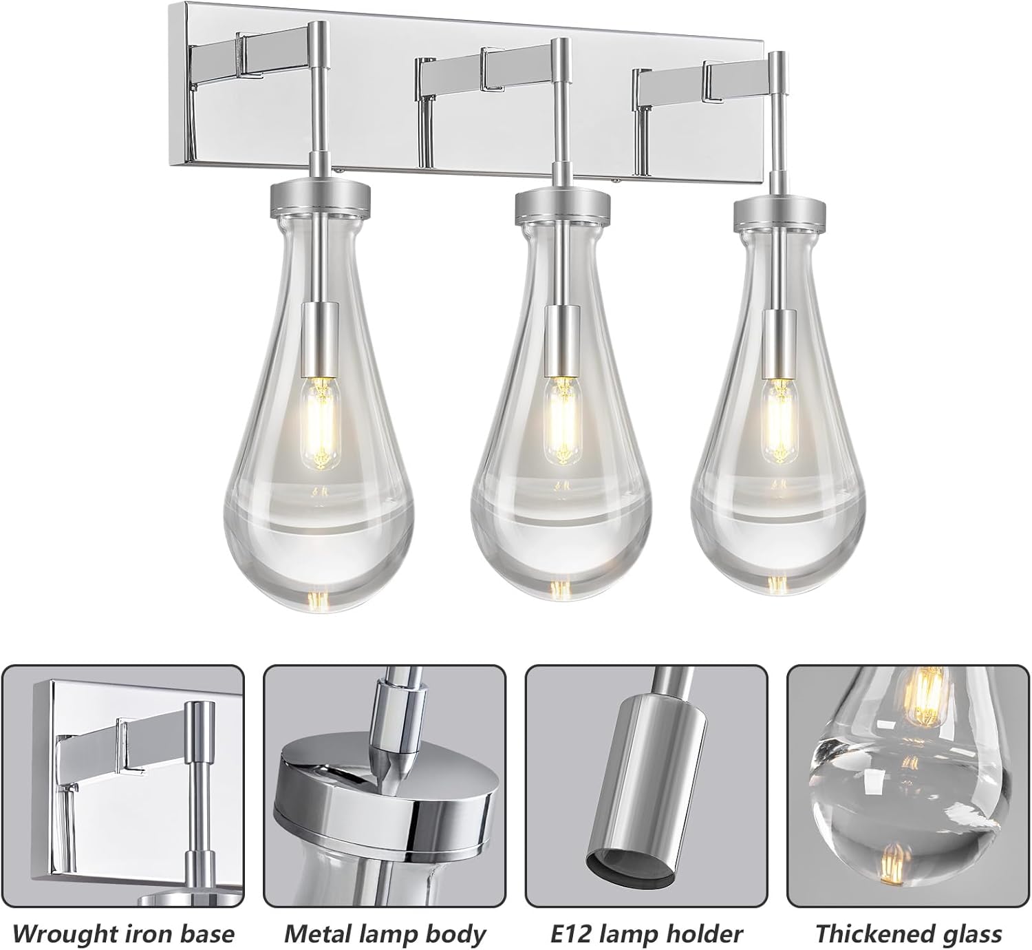 Raindrop Wall Sconces Chrome Crystal Sconces Wall Decor Modern Lighting Glass Bathroom Sconces Indoor Vanity Light Wall Lamp for Bedroom Living Room Stair(3-Light)