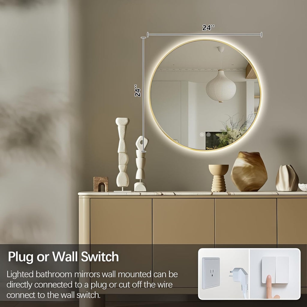 Niccy Round Led Mirror for Bathroom, 24" Backlit Mirrors for Wall Circle Lighted Mirror with Old Gold Frame Anti-Fog, 3 Colors, HD Glass and IP65 Waterproof