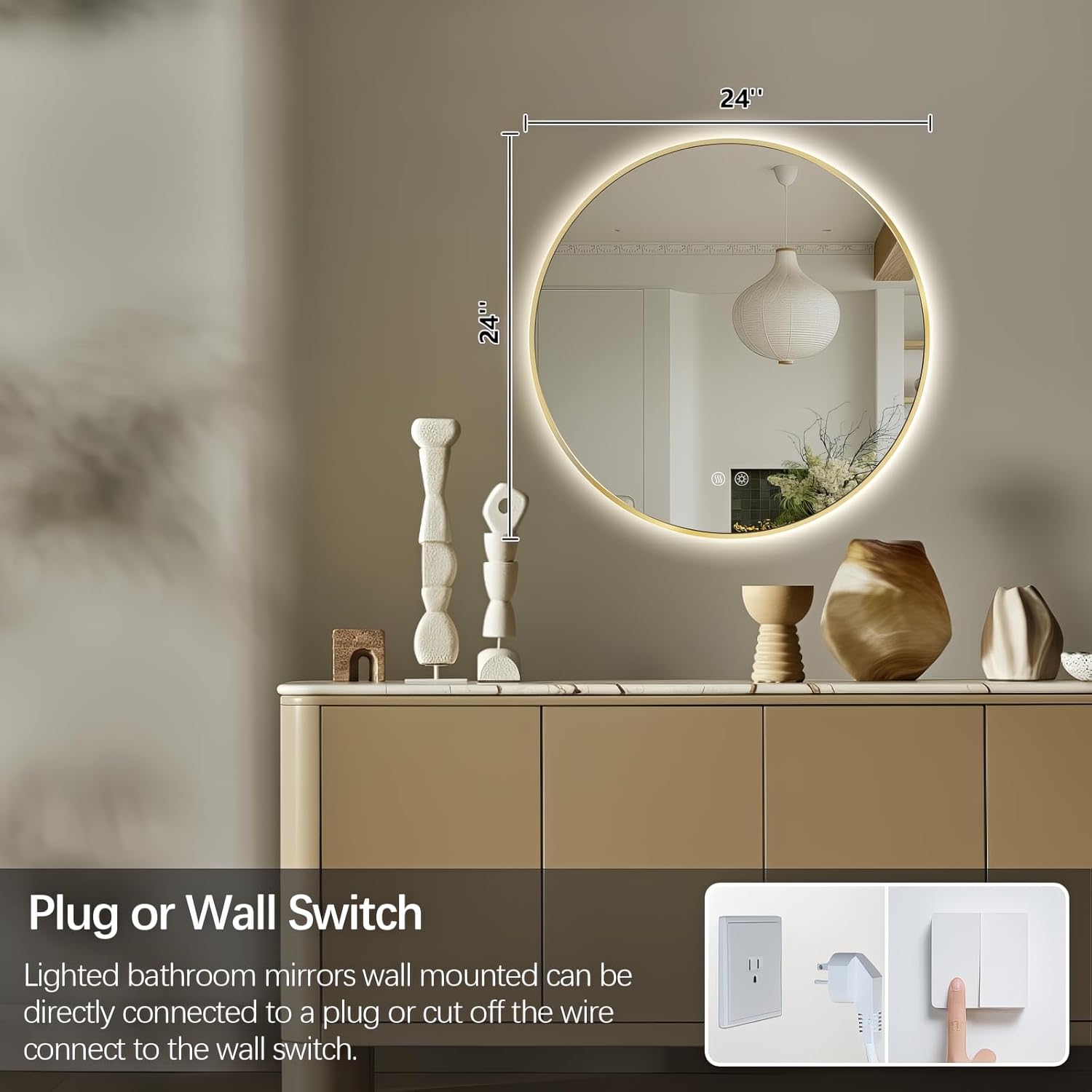 Niccy Round Led Mirror for Bathroom, 24" Backlit Mirrors for Wall Circle Lighted Mirror with Old Gold Frame Anti-Fog, 3 Colors, HD Glass and IP65 Waterproof