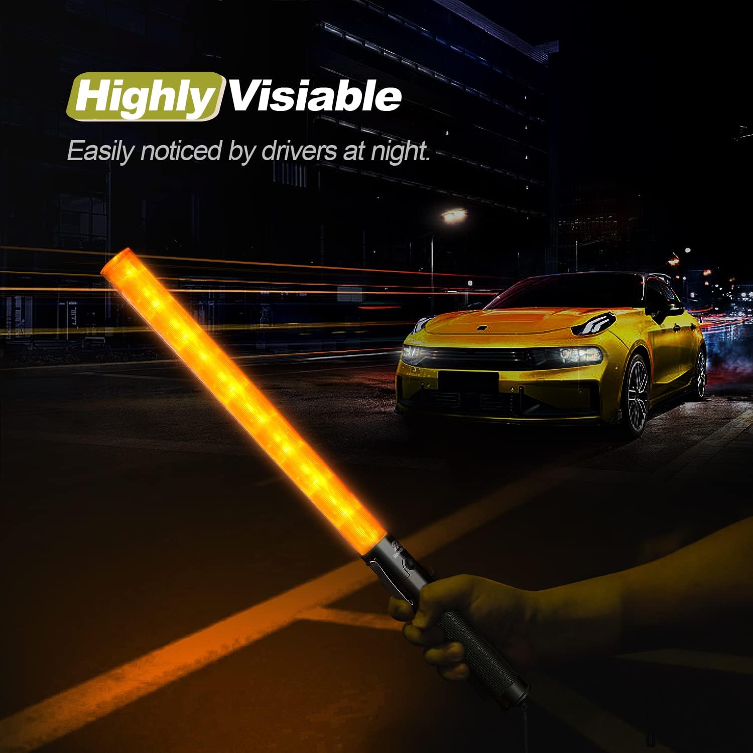 RoadHero 21 Inch Traffic Wand, Yellow LED Traffic Control Baton with 2 Flashing Modes, Night Safety Light Wand with Side Clip for Airport, Parking, Car Directing