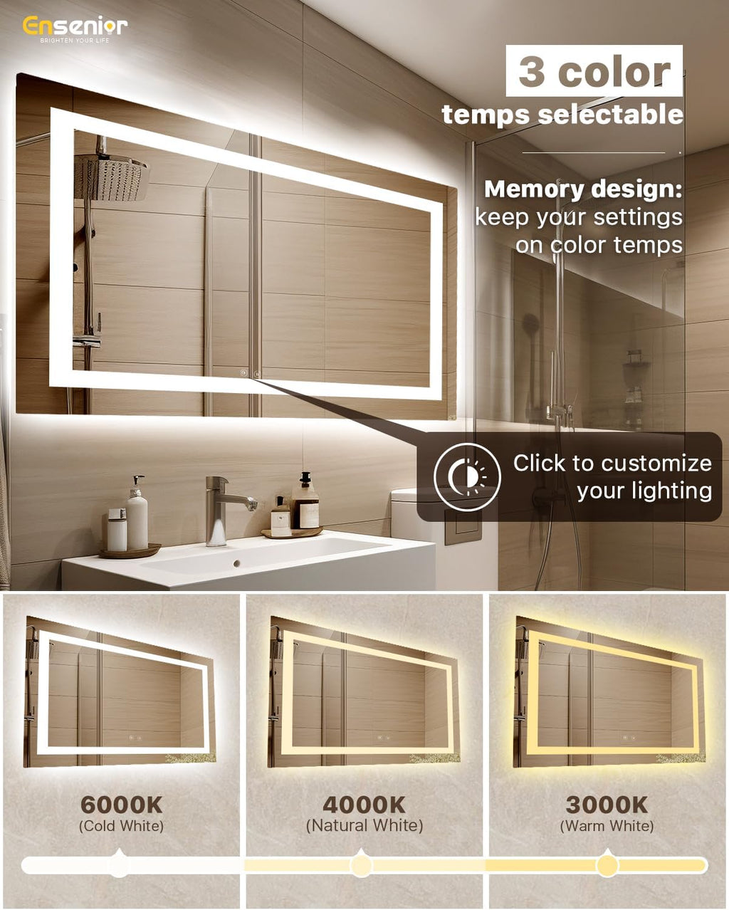 Ensenior LED Bathroom Mirror 55"x 30" with Front and Backlight, Stepless Dimmable Wall Mirrors with Anti-Fog, Shatter-Proof, Memory, 3 Colors, Modern LED Vanity Mirror-ETL & FCC