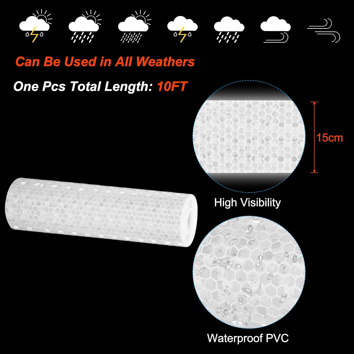 PATIKIL 6 Inch x 10 ft Reflective Tape, 1 Roll Waterproof Self Adhesive High Visibility Caution Warning Safety Tape Reflector with Scraper for Trucks Trailers Cars, White