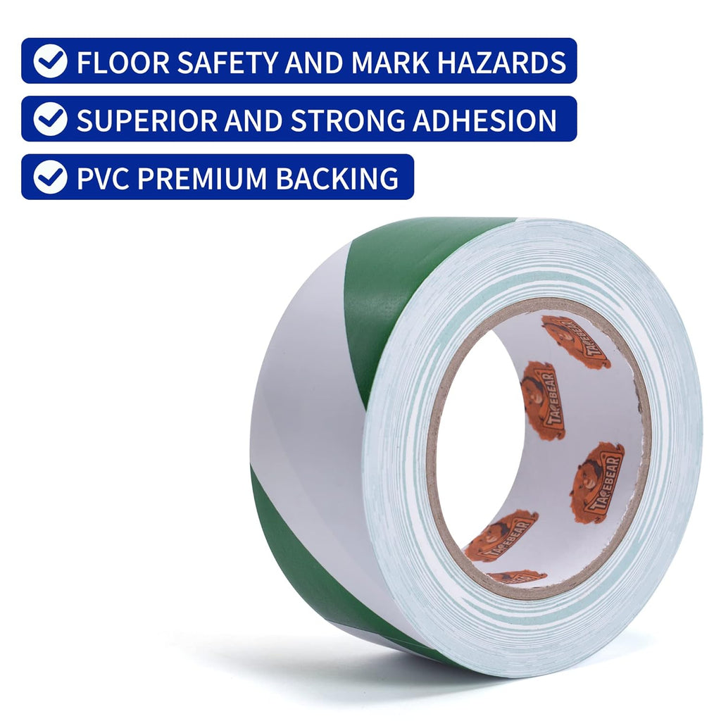 TAPEBEAR Hazard Caution Tape, 2inch x 150 Feet(50yds) Self Adhesive Warning Tape for Steps, High Visibility White&Green Tape for Halloween Outdoor Construction Warning, Danger Zone, 5Rolls