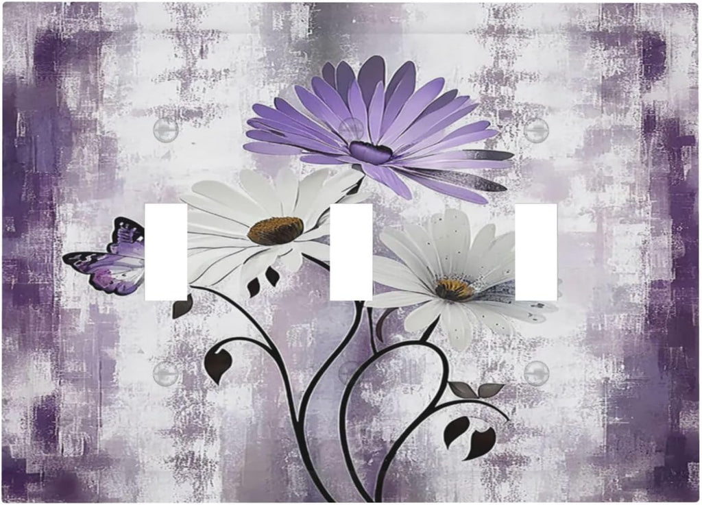 Light Switch Covers Purple Daisy White Floral Butterfly Flowers 3 Gang Wall Plates Triple Toggle Outlet Cover Decorative Switchplates Electrical Panel Cover for Kitchen Living Room 4.8 X 6.7 IN