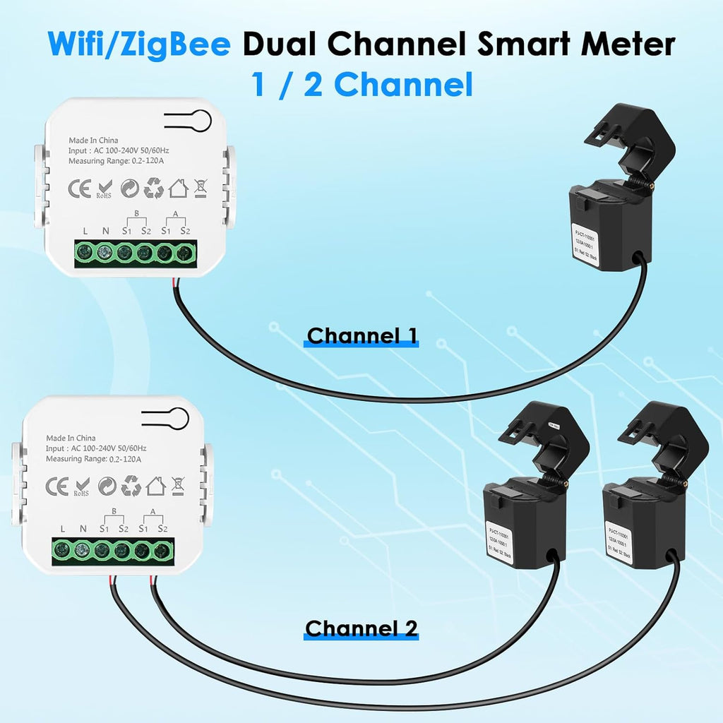 Smart Home Energy Monitor, with 2 x 120A CTs, Bi-Directional Power Tracking, Real-Time Electricity Usage Monitor, 2.4GHz Wi-Fi, Compatible with Tuya/Smart Life Apps