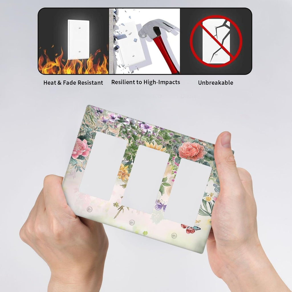 Rustic Floral Watercolor Flower Blossom Butterfly Triple Rocker Light Switch Covers 3 Gang Outlet Cover Wall Plates Decorative Switch Plates Electrical GFCI Faceplate Switchplate 4.49 X 6.38 IN
