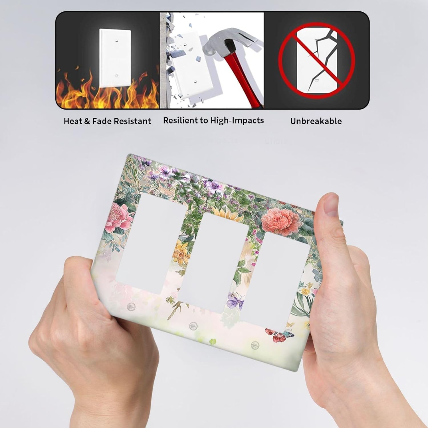 Rustic Floral Watercolor Flower Blossom Butterfly Triple Rocker Light Switch Covers 3 Gang Outlet Cover Wall Plates Decorative Switch Plates Electrical GFCI Faceplate Switchplate 4.49 X 6.38 IN