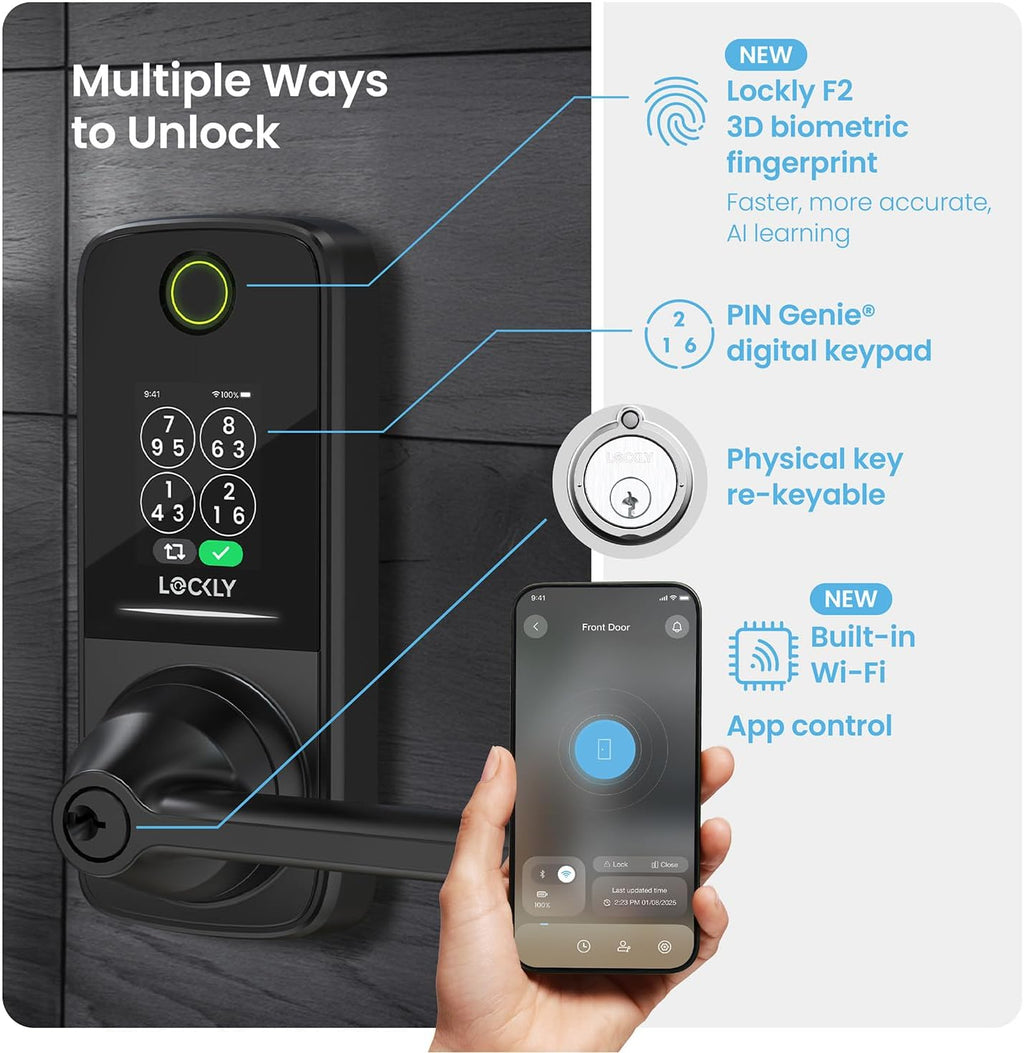 Lockly Smart Lock Secure Pro (2025 Latest Version),Fingerprint Door Lock, Keyless Entry, Built-in Wi-Fi Latch, PIN Genie Keypad (Black)