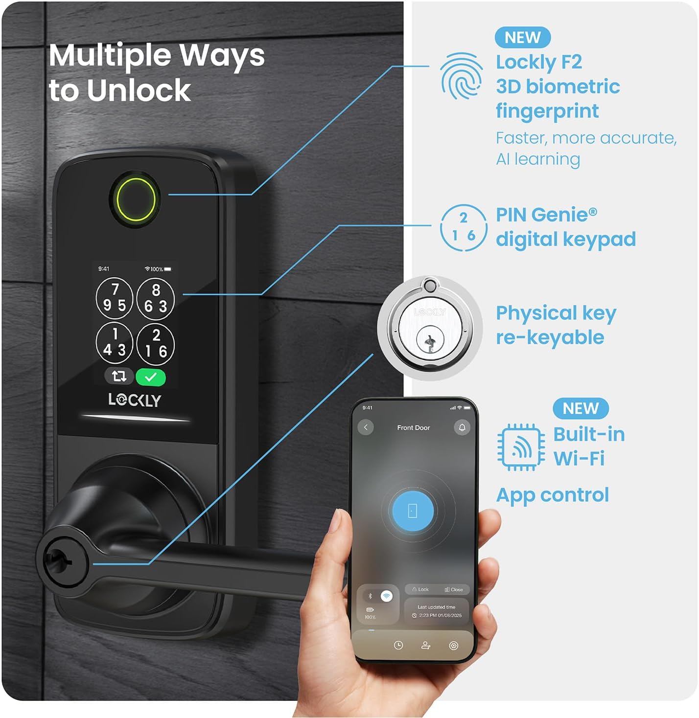 Lockly Smart Lock Secure Pro (2025 Latest Version),Fingerprint Door Lock, Keyless Entry, Built-in Wi-Fi Latch, PIN Genie Keypad (Black)