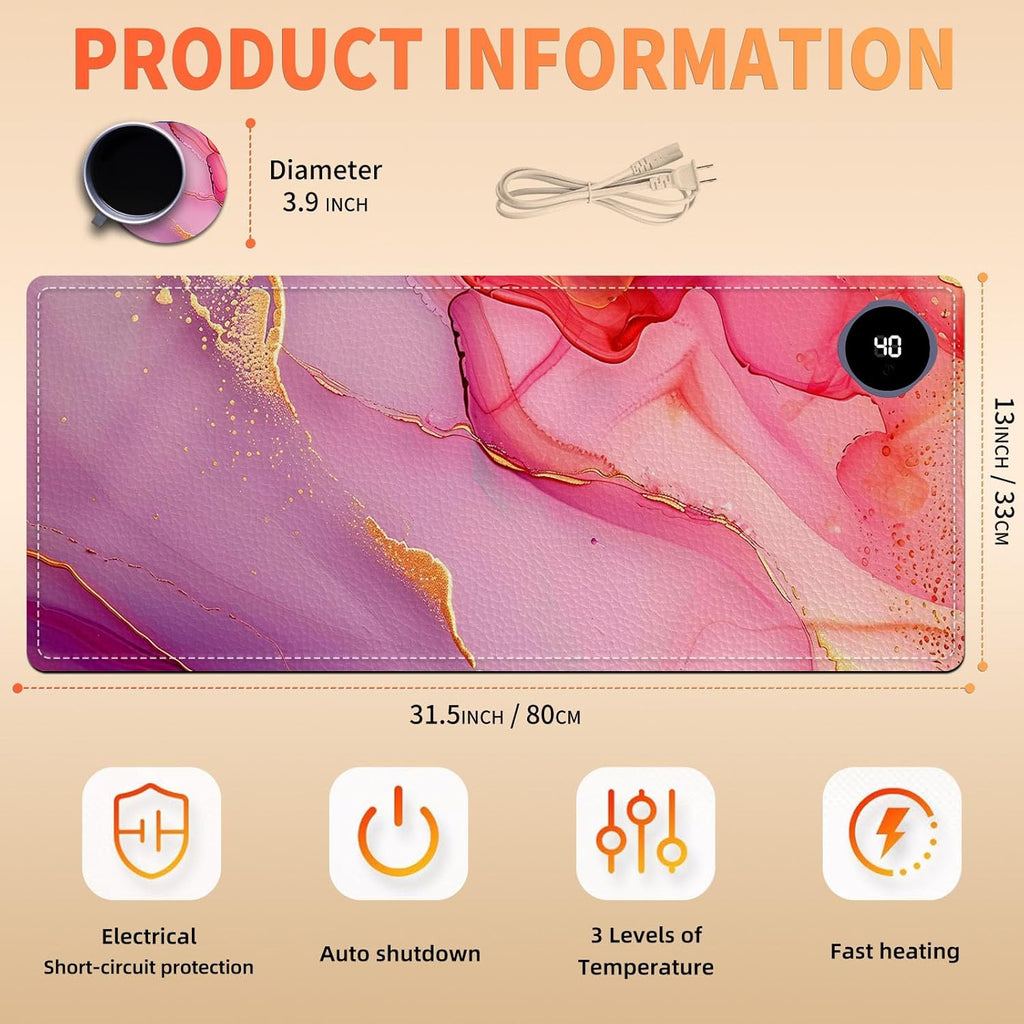 Heated Mouse Pad, Warm Desk Pad, Keyboard Mat 31.5 x 13 Inch Large Size Intelligent Fast Heating, 3 Speed Adjustable, Timed Auto Power Off for Game Office Home,Pink Marble