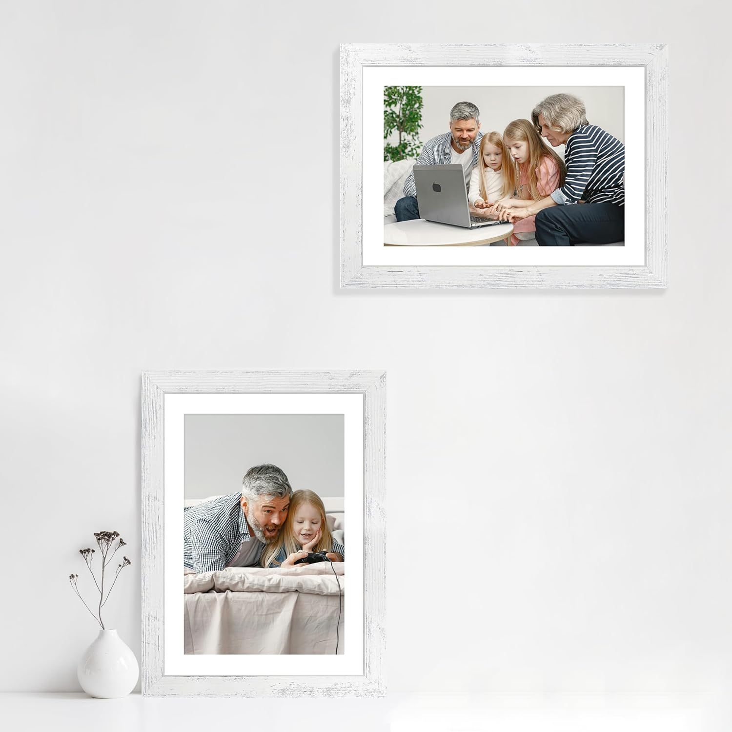iRahmen 10x14 Picture Frame Set of 4 with Tempered Glass, Distressed White Frame Display 8x12 Picture with Mat or 10 x 14 Without Mat, Wood Rustic Photo Frames for Horizontal or Vertical Wall Mounting