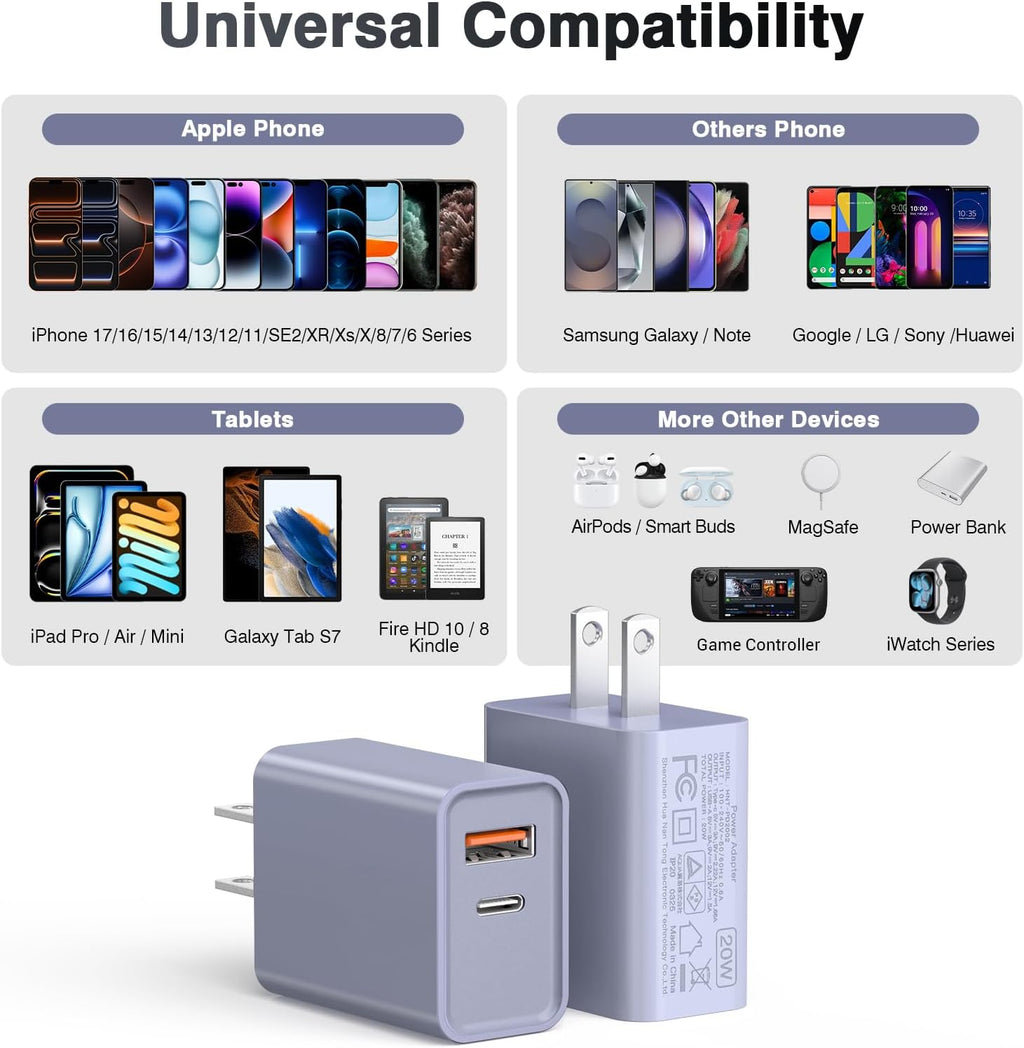 [2 Pack] USB-C Wall Charger, 20W Dual Port QC+PD3.0 Power Adapter, Double Fast Plug Charging Block for Samsung Galaxy S24 S23/S23+/S23Ultra/S22/S22+/S22 FE/Note 20Ultra, iPhone 16/17 Brick Box, Purple