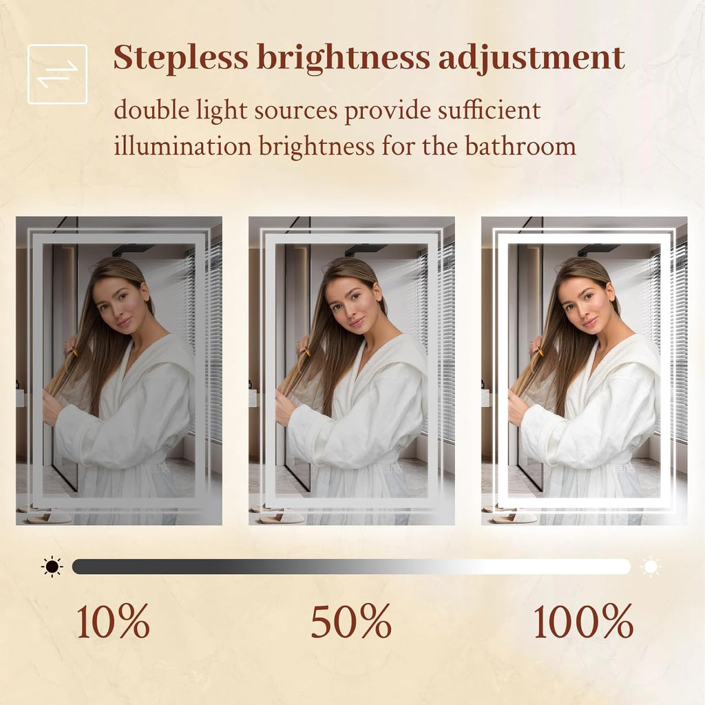 24x36 LED Mirror for Bathroom with Front and Backlit Light Up Digital Mirrors for Wall,Anti Fog,Stepless Dimmable,Tempered Silver Glass Smart Vanity Mirror for Bathroom