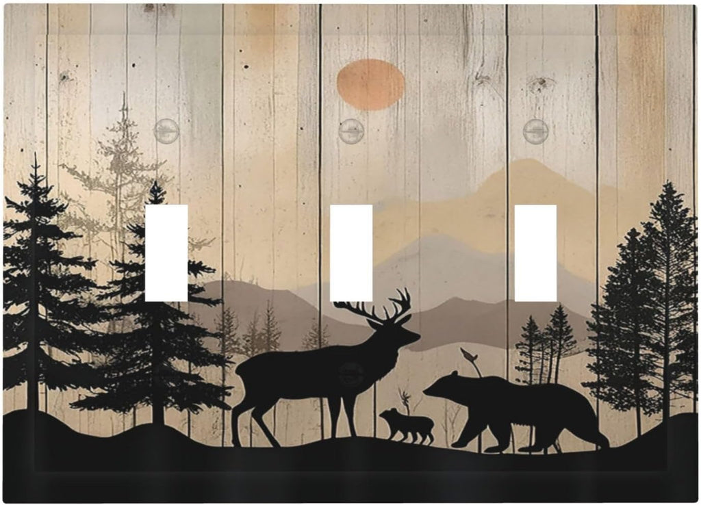 Decorative Switch Plates Wood Board Wildlife Cute Bear Deer Forest Rustic 3 Gang Wall Plate Triple Toggle Light Switch Cover Faceplate Electrical Wall Panels for Bathroom Farmhouse Decor