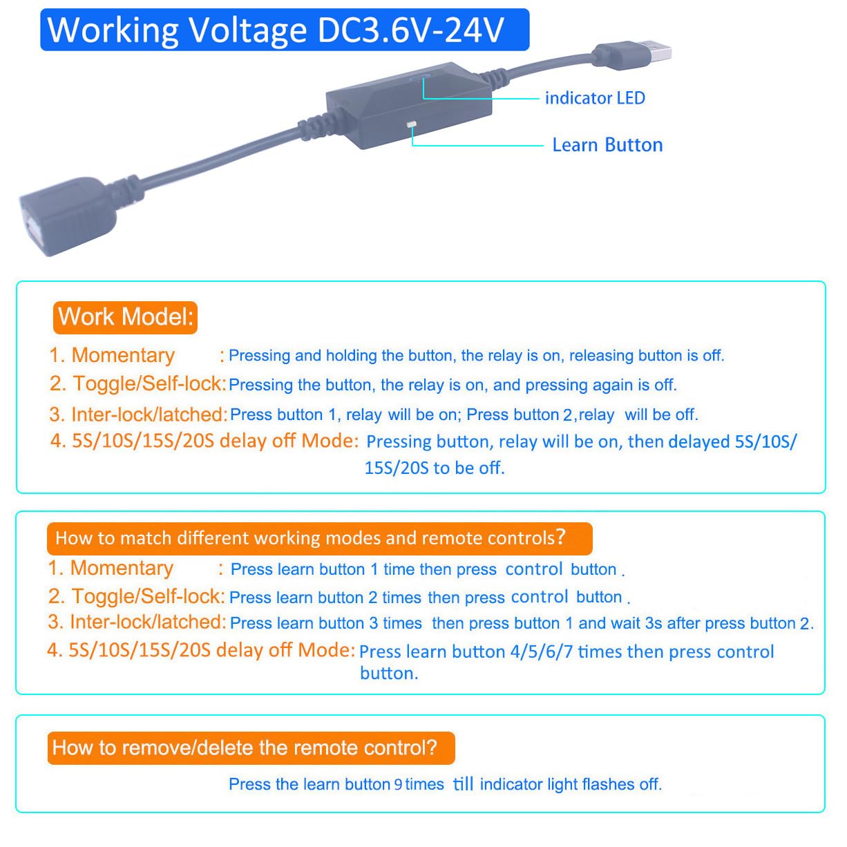 DC 3.6V-24V 5V USB Wireless Remote Control Switch 433MHz 2 Transmitter 1 Receiver 12V Remote Switch ON Off for LED Light, Strip Fan Camera DIY Toys (USB 3.6V-24V/ 2* Controller)