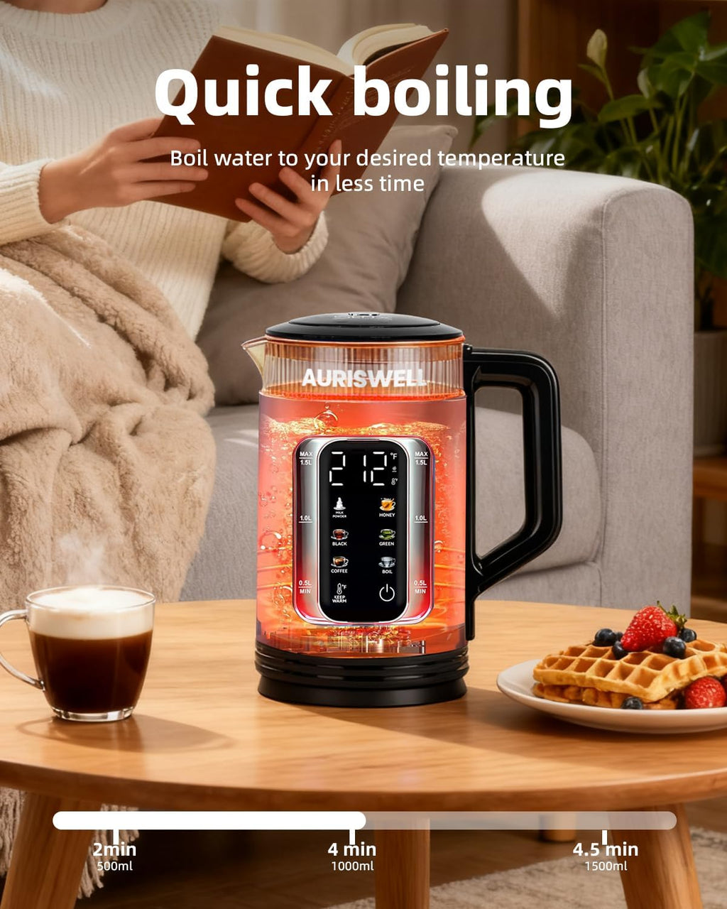 Electric Tea Kettle with Temperature Control, 1.5L Glass smart Water Boiler for Tea, Coffee & Boil, Automatic Shut Off, 12h Keep Warm & One-Touch 6 Presets