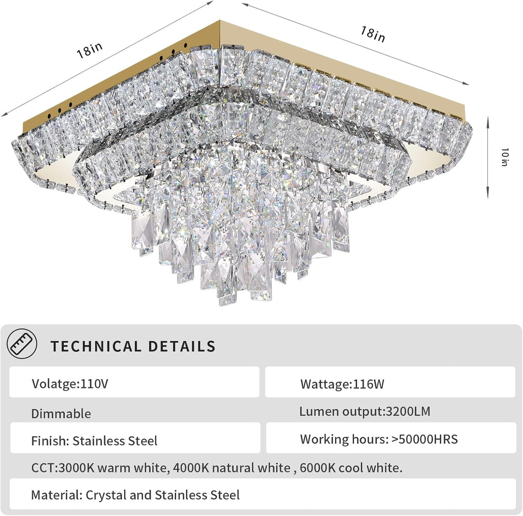 Elegant LED Gold Crystal Raindrop Ceiling Light,18 Inch Square Flush Mount Chandelier with Remote for Living Room Kitchen Island Bedroom Hallway Entryway Foyer (Dimmable)