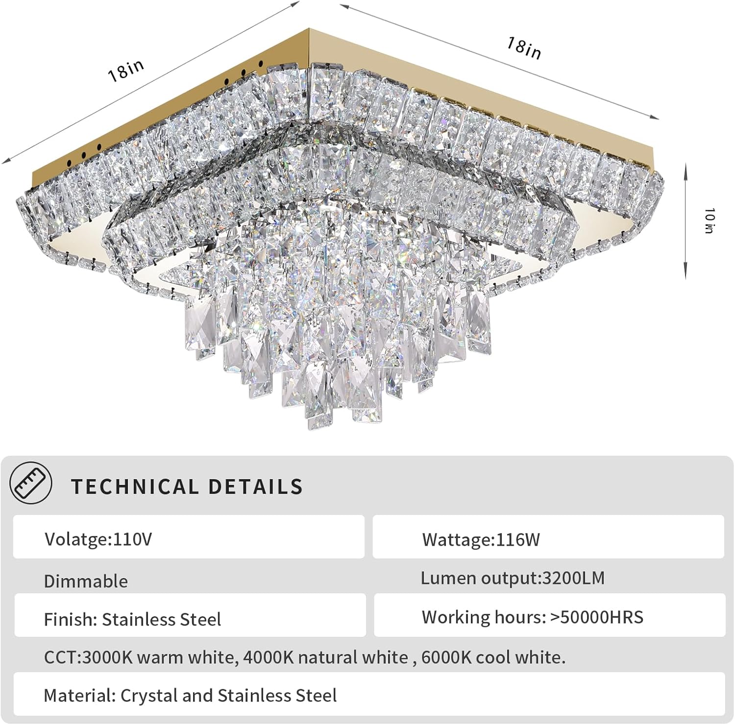 Elegant LED Gold Crystal Raindrop Ceiling Light,18 Inch Square Flush Mount Chandelier with Remote for Living Room Kitchen Island Bedroom Hallway Entryway Foyer (Dimmable)