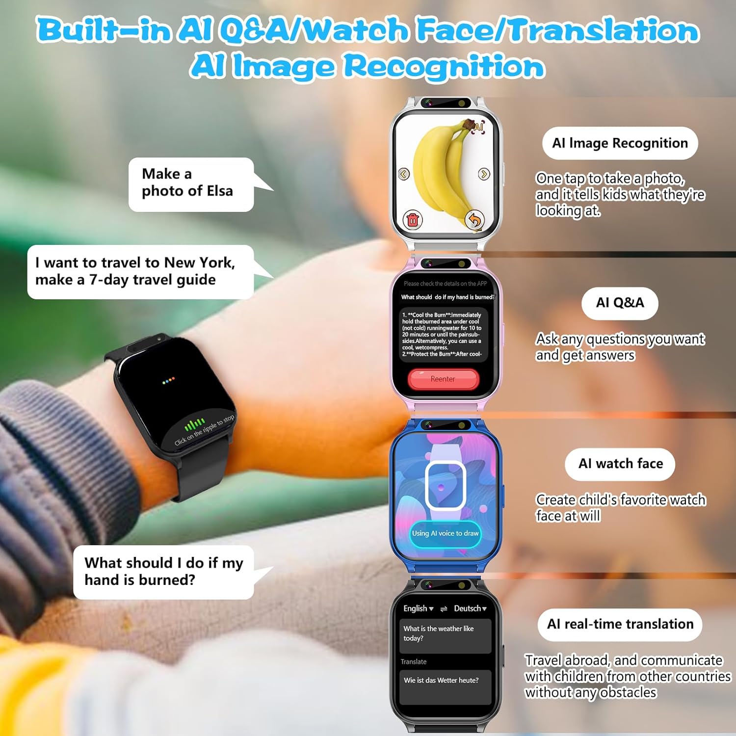1.85" Kids Watch, AI(Translation/Q&A/Watch Face/Image Recognition)Smartwatches with Heart Rate,Sleep Monitor,Video Music Pedometer,NO APP/Phone, Gifts for 3-12 Years old Boys Girls(Built-in AI, Blue)