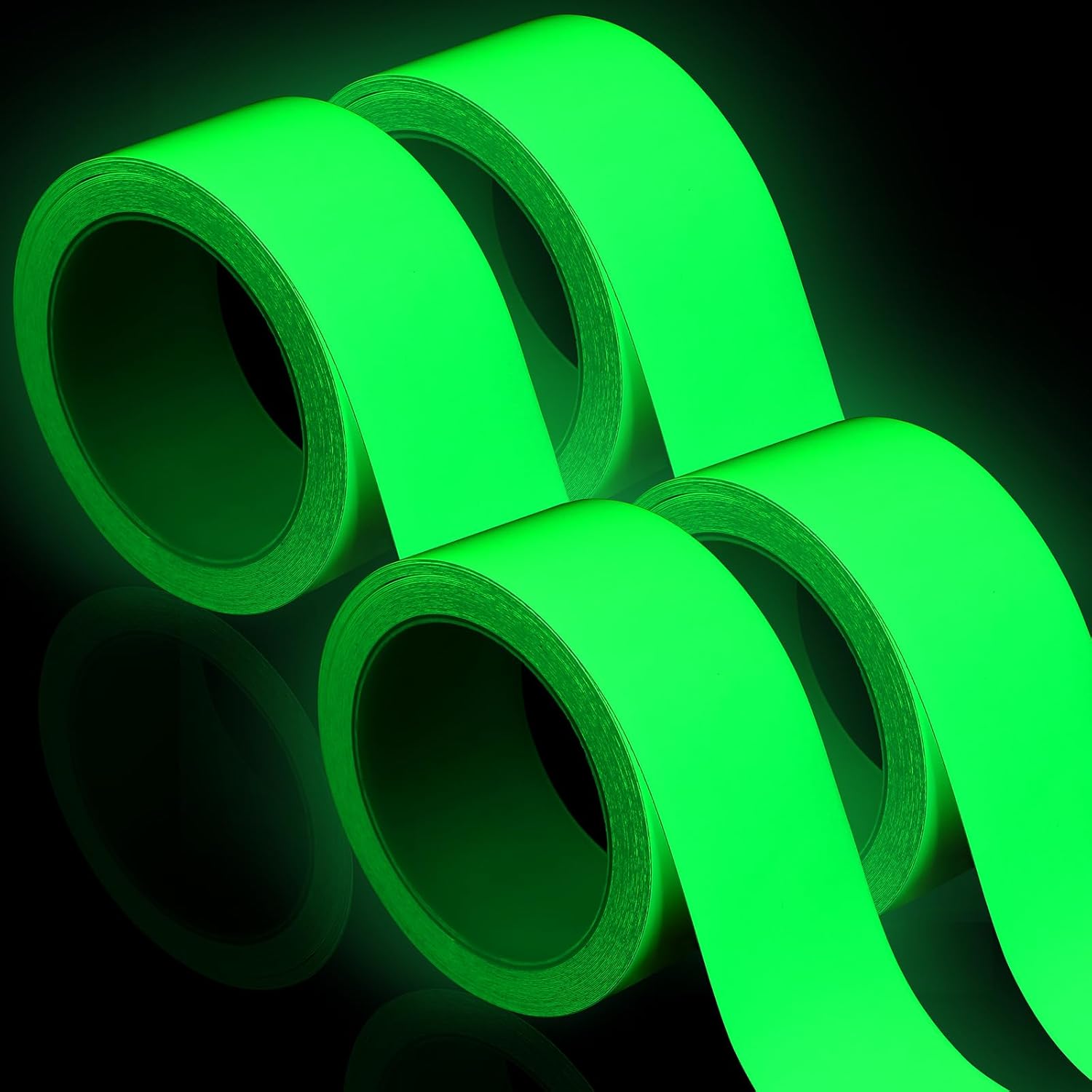 4 Rolls Glow in The Dark Tape 32.8 ft x 2 Inch Luminous Phosphorescence Green Long Lasting Bright Glow Tape for Halloween Night Decorations, Theater Stages, Stairs, Walls, Steps and Exit Sign