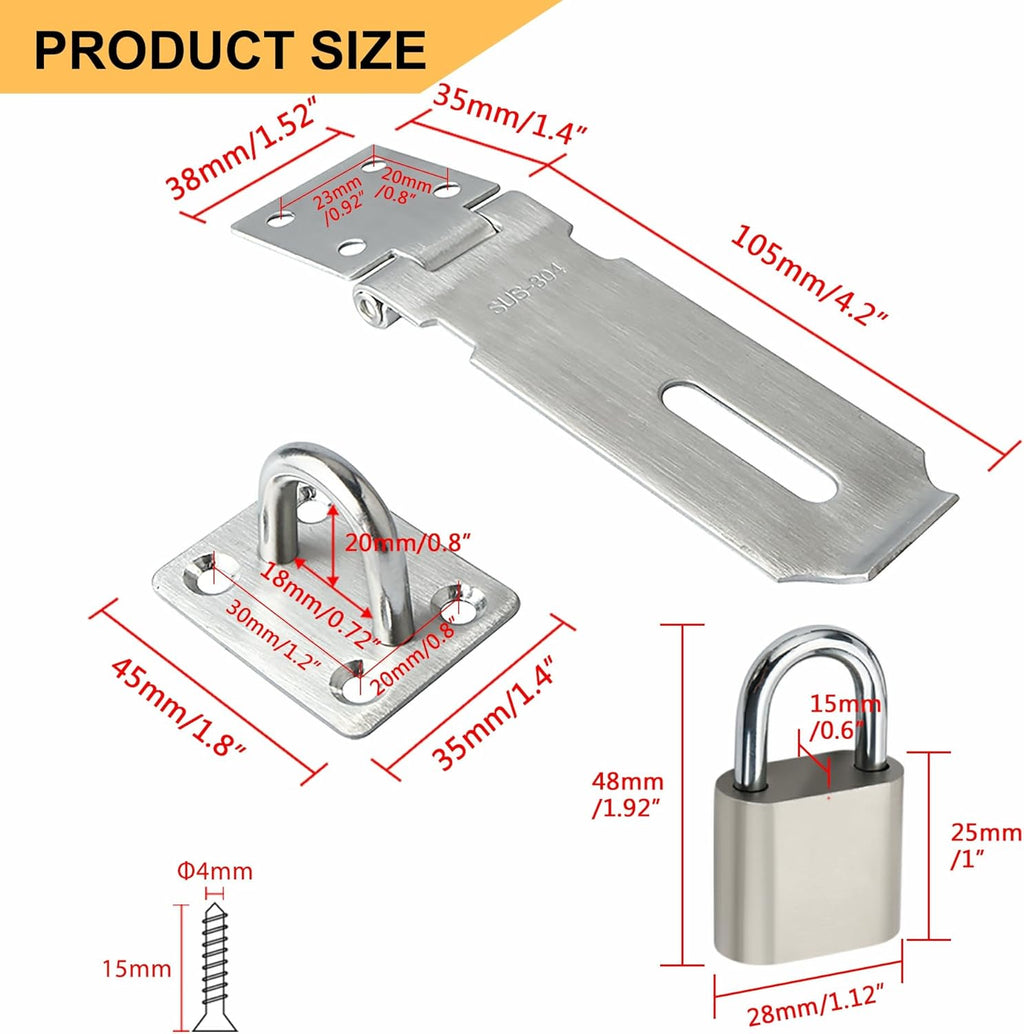 Alise Door Lock Hasp Latch with Padlock,4 Inch SUS 304 Stainless Steel Safety Packlock Clasp Hasp Lock Latch, with Fixing Screw for External Doors Window Cabinet Pet Cage, Brushed Finish,MST009-LS