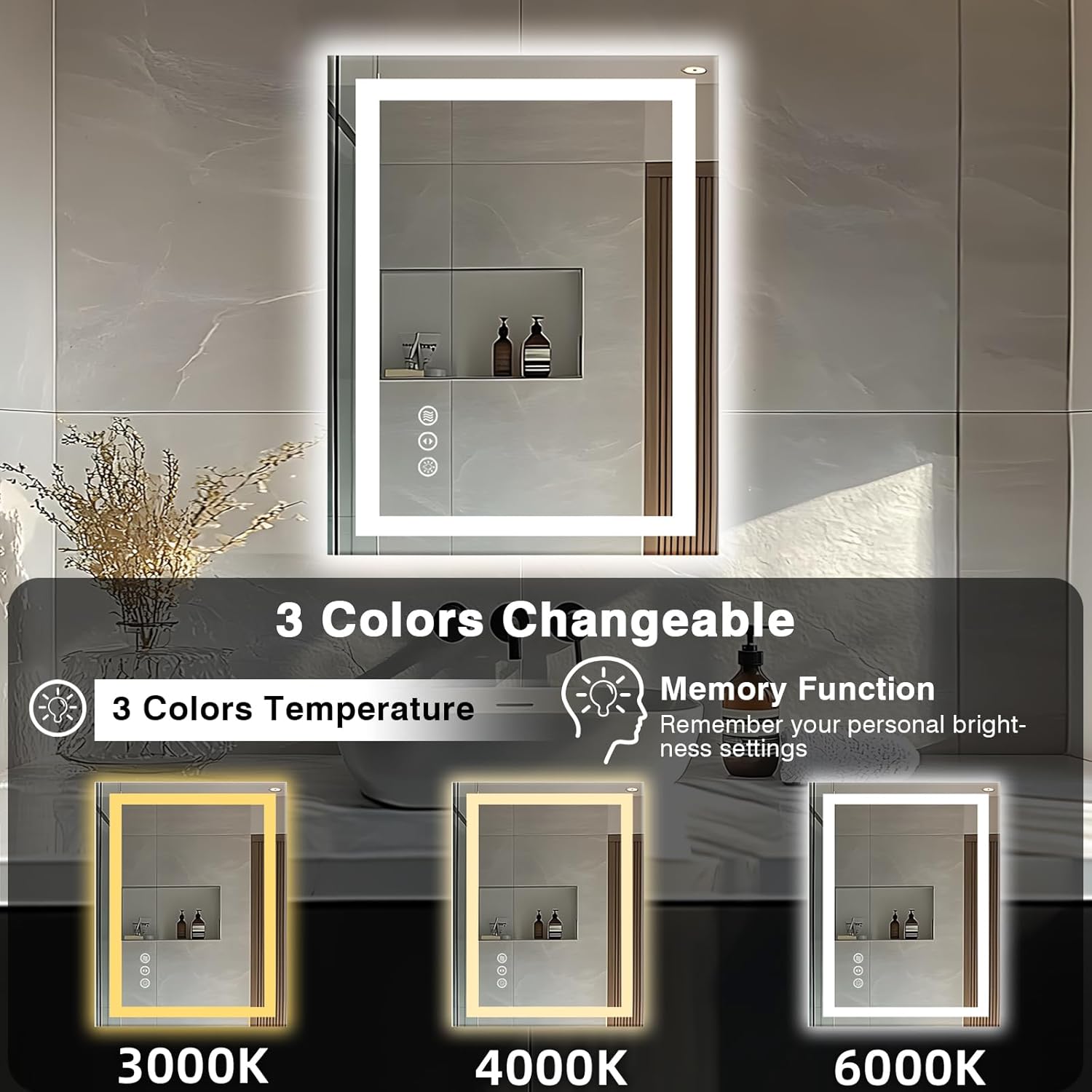 24"x32" LED Bathroom Mirrors for Wall, Front and Backlit Mirror, Anti-Fog Vanity Mirror with Lights, Stepless 3 Colors Dimmable Smart Lighted Mirror(Horizontal/Vertical)