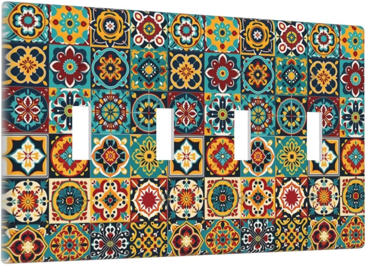 Light Switch Covers Mexican Talavera Colorful Mosaic Tiles Quad Toggle Electrical Faceplate 4 Gang Wall Plate Decorative Switch Plates For Bathroom Kitchen Decor