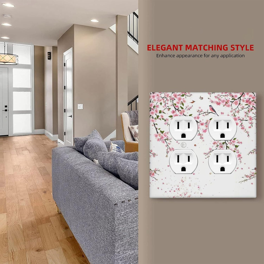 Decorative Outlet Covers Rustic Plum Blossom Pink Flowers 2 Gang Wall Plate Double Duplex Light Switch Cover Switch Plate Covers Faceplate for Country Home Bedroom Decor