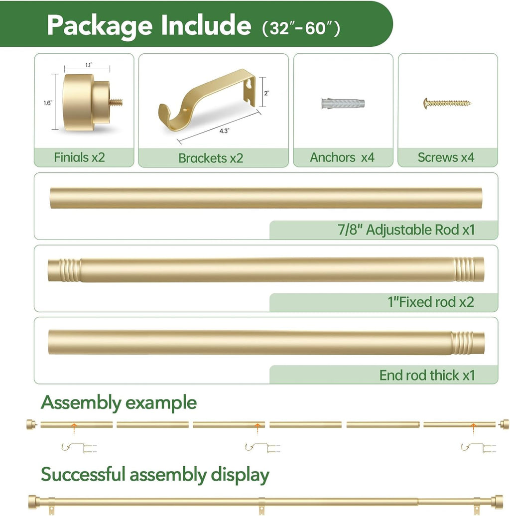 Time Forest Curtain Rods for Windows 28 to 48, 1 Inch Adjustable Gold Heavy Duty Long Window Curtain Rod for Bedoom Living Room, Modern Drapery Rods with Simple End Caps, Size 32"-60"