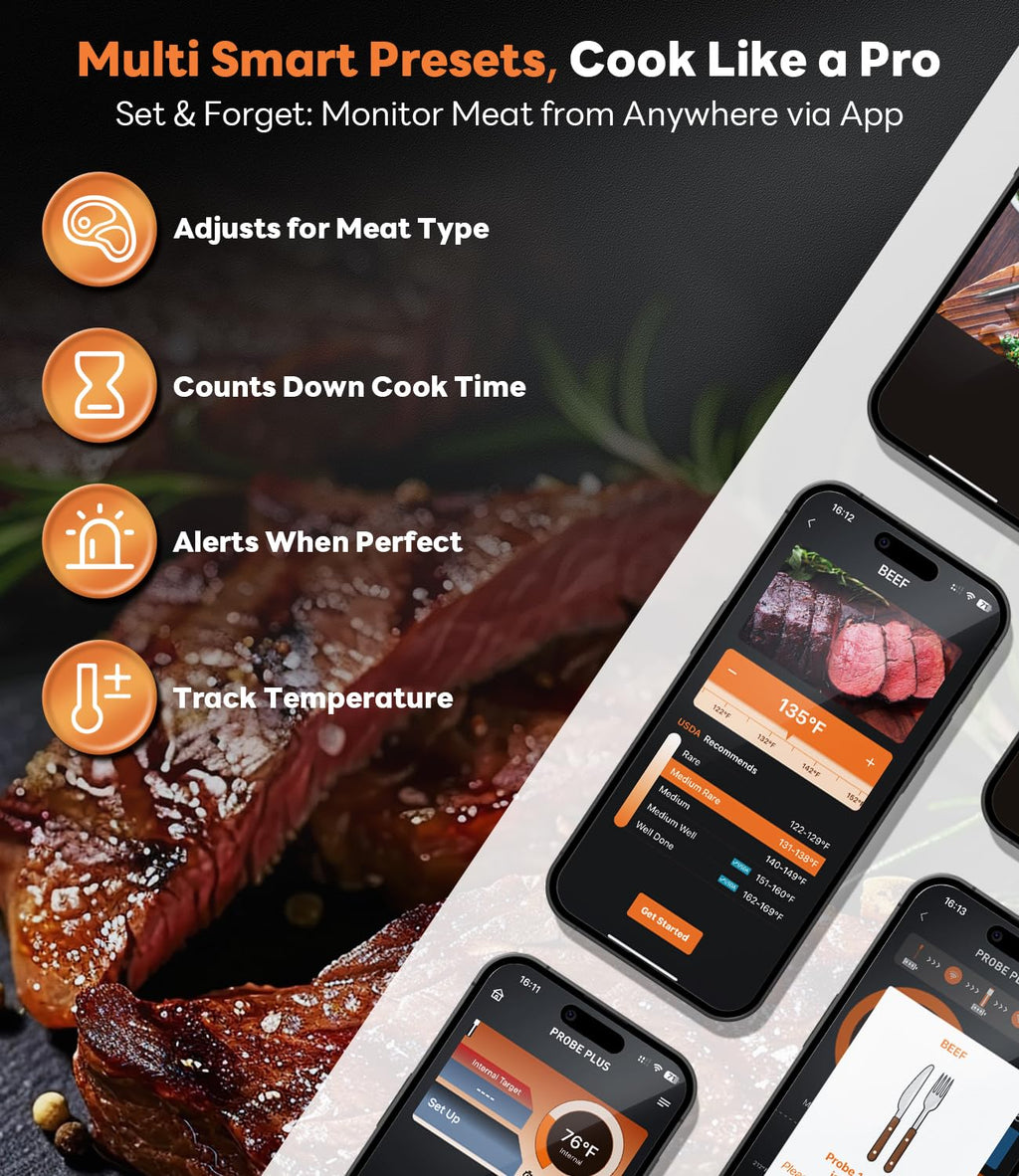 Beelicious Pro Wireless Meat Thermometer – Stable Bluetooth Smart Probe with ±1.8℉ Accuracy, 0.5s Fast Response & Long-Lasting Battery, IP67 Waterproof, App Controlled for Grill, Oven, Air Fryer