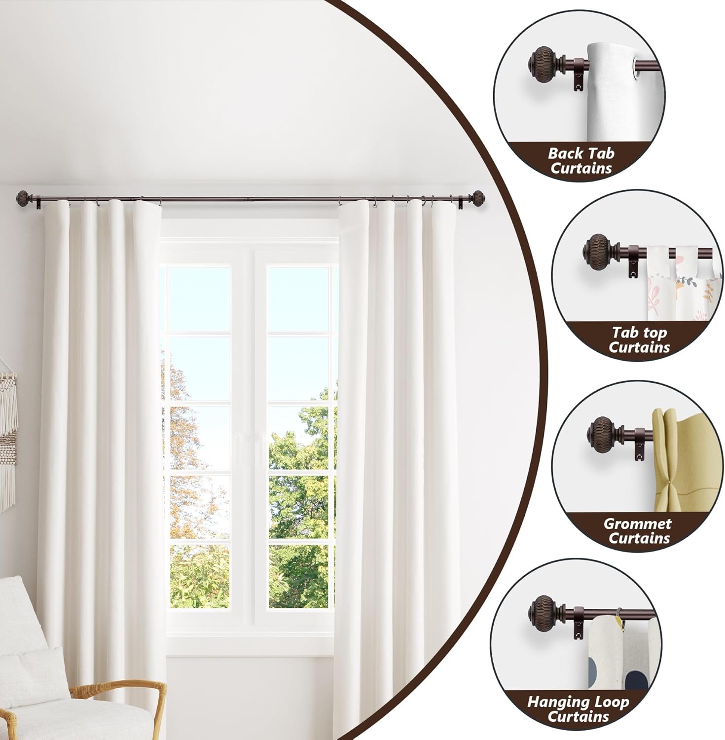 Bronze 1 Inch Adjustable Heavy Duty Curtain Rods with Lantern Ball Finials, Window Treatment Single Rods