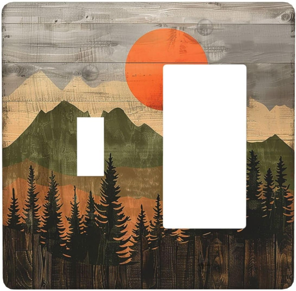 Outlet Covers Vintage Wood Grain Sun Forest Mountains 1 Toggle 1 Rocker Combination Decorative Wall Plate Electrical Switch Plates Light Switch Cover Plate for Farmhouse Cabin Decor