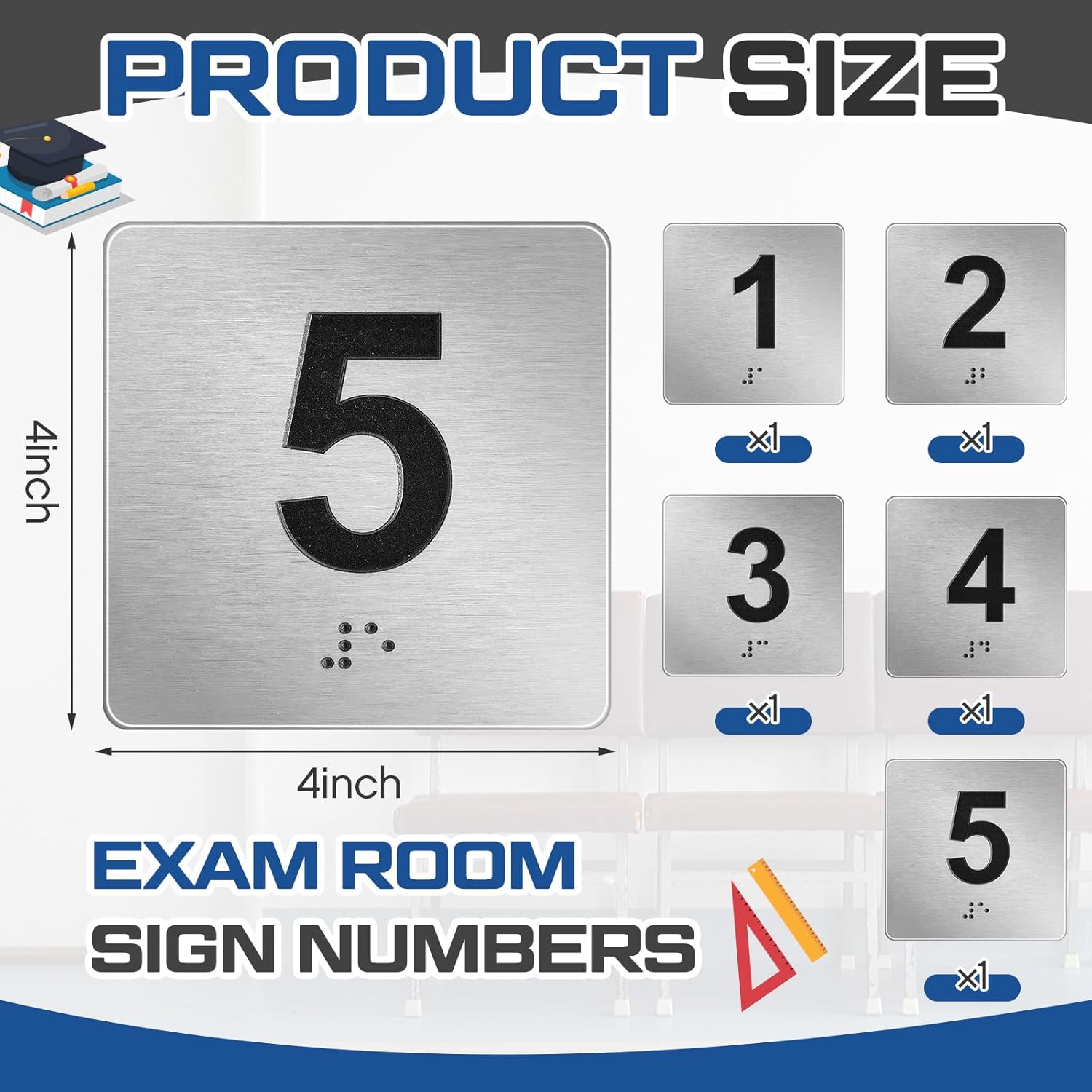 Exam Room Sign Numbers 1-5 with Braille and Tactile 4" x 4" Identification Signs Numbers for Exam Rooms Offices Educational Institution Directional Assistance Test Center, Silver/Black