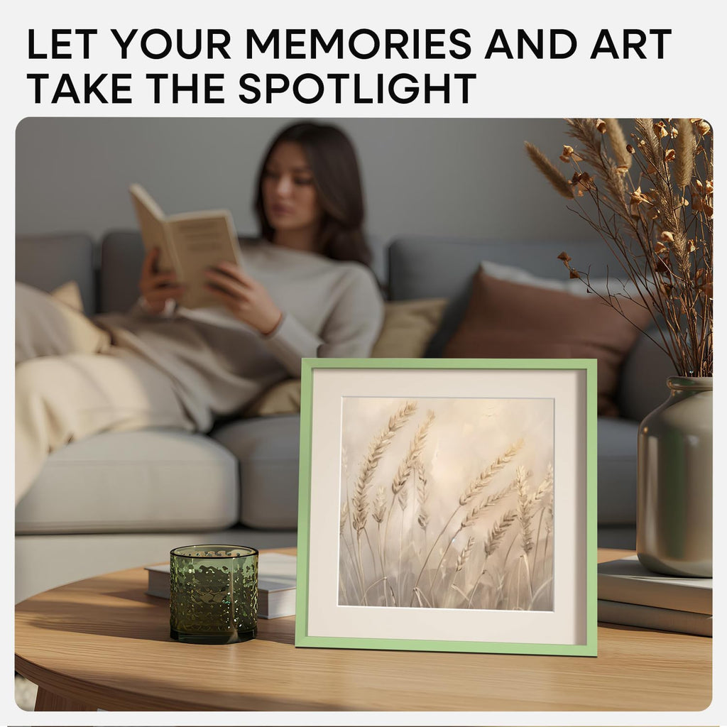 Homeforia 8x8 Sage Green Frame, High End Metal 8 x 8 Square Picture Frames with Mat 6 by 6 Photo, 8x8 Display Frame Matted to 6x6 Print, 8by8 Wall or Tabletop Frames, Tempered Glass, Wall Kit, Set of 2