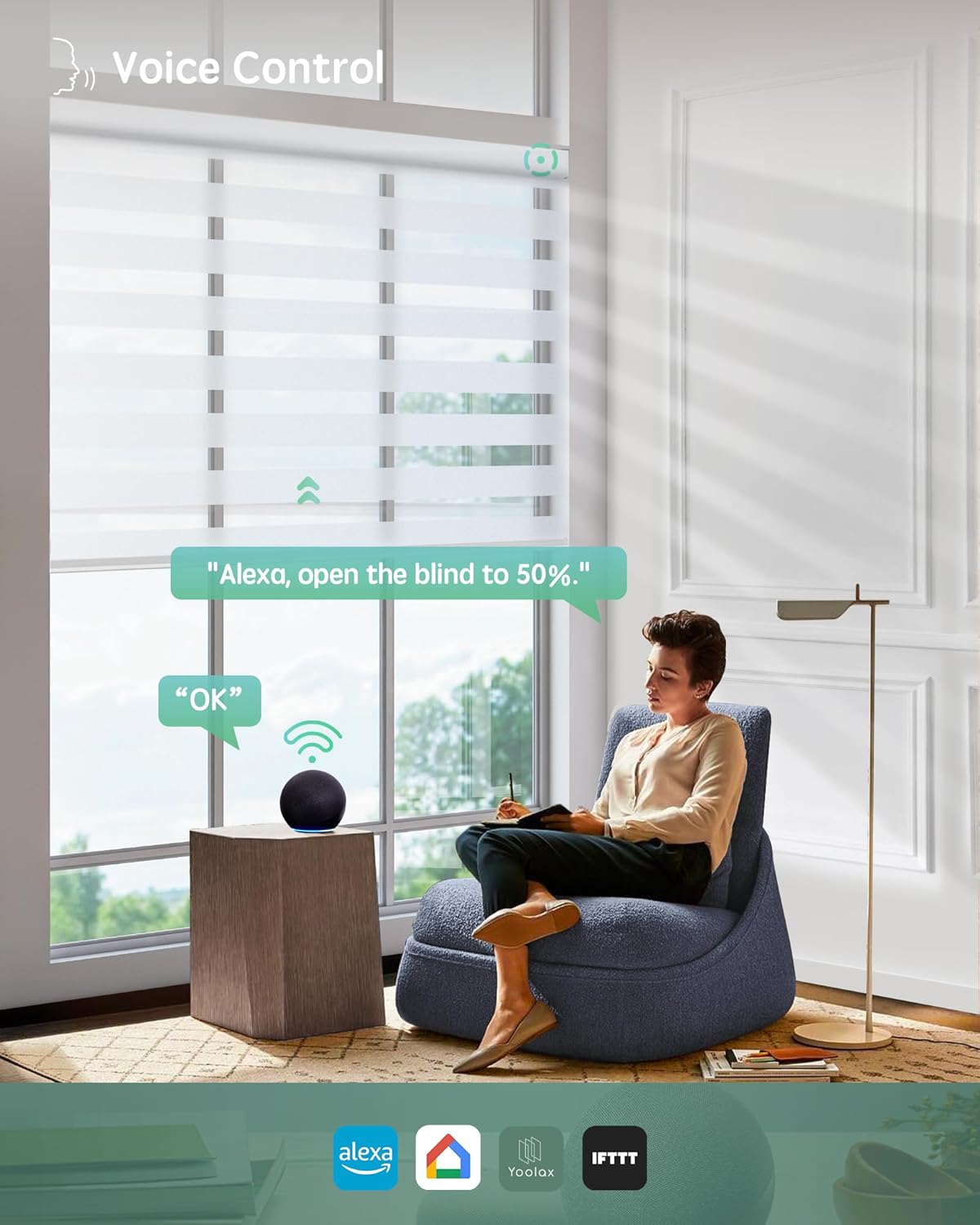 Yoolax Motorized Zebra Blinds Compatible with Alexa, Smart Room Darkening Shades with Privacy Light Control, Electric Horizontal Window Blind Customized Size for Home Office (Wool Brown)
