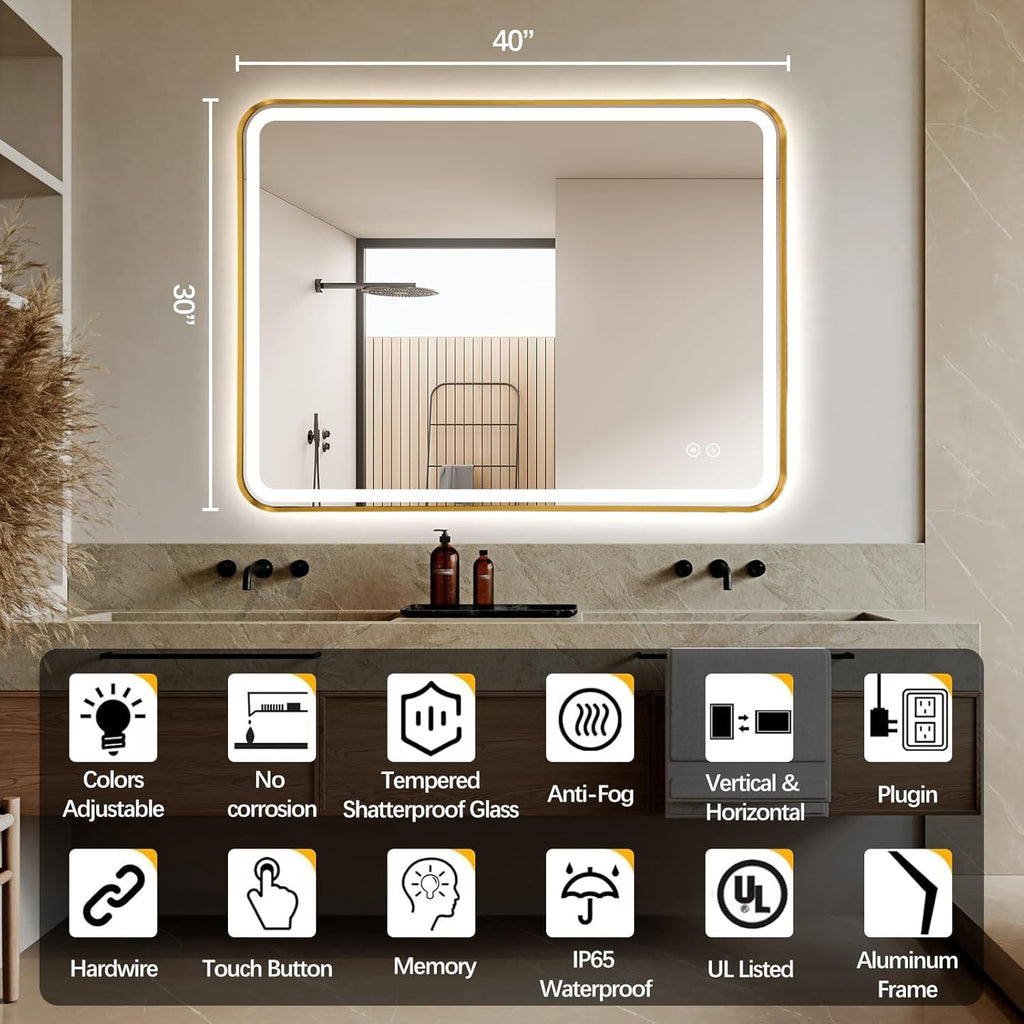 Rectangle LED Bathroom Mirror, 40"x30" Anti-Fog Double Touch Lighted Wall Vanity Mirror 45° Beveled Metal Frame Stepless Adjustable Color Temperature Smart Mirror 3000K-6000K, Gold