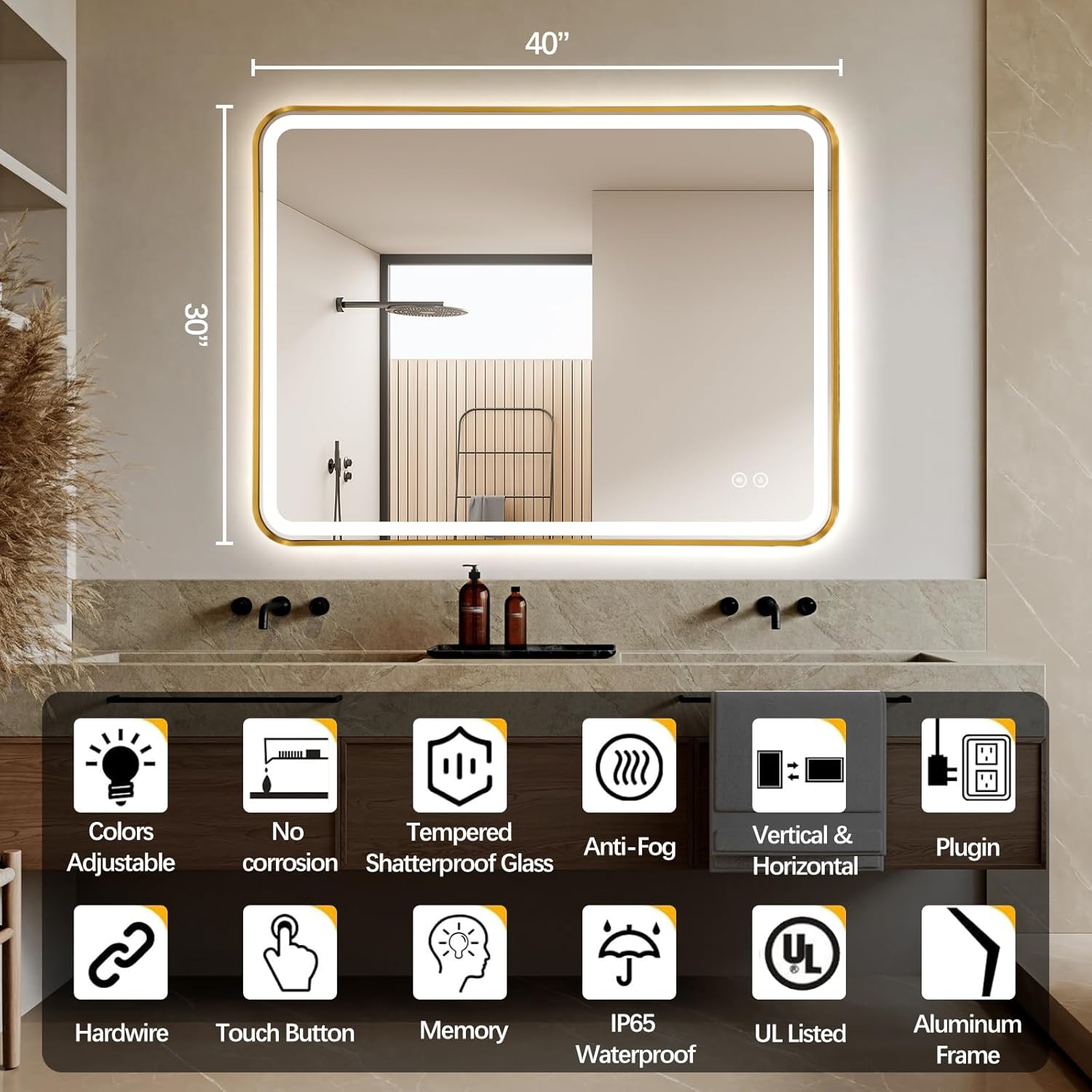 Rectangle LED Bathroom Mirror, 40"x30" Anti-Fog Double Touch Lighted Wall Vanity Mirror 45° Beveled Metal Frame Stepless Adjustable Color Temperature Smart Mirror 3000K-6000K, Gold